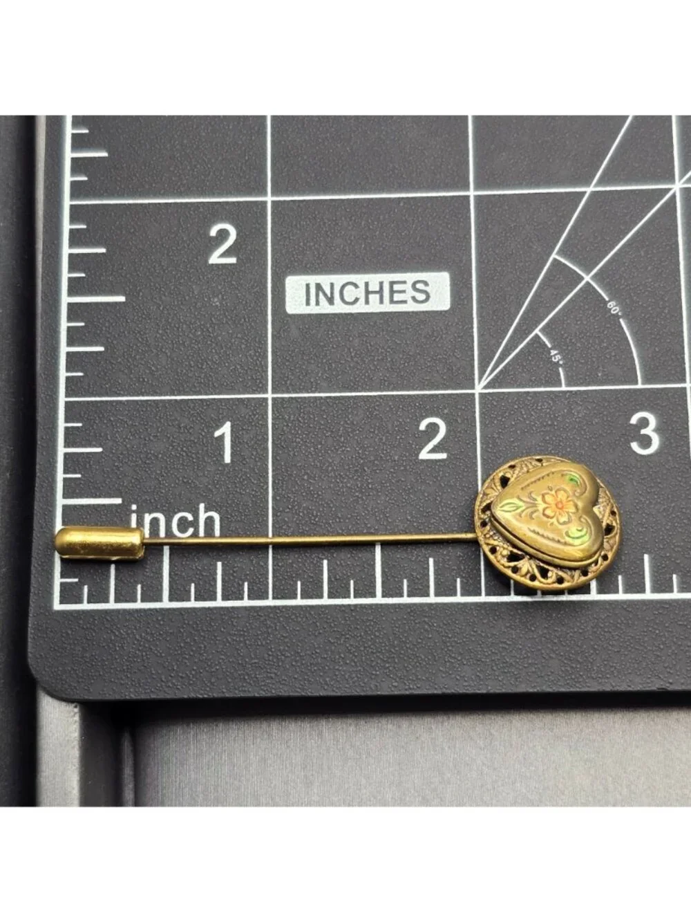 Vintage Victorian Revival Brass Heart Locket Stick Pin Enamel Floral Statement - Picture 9 of 12